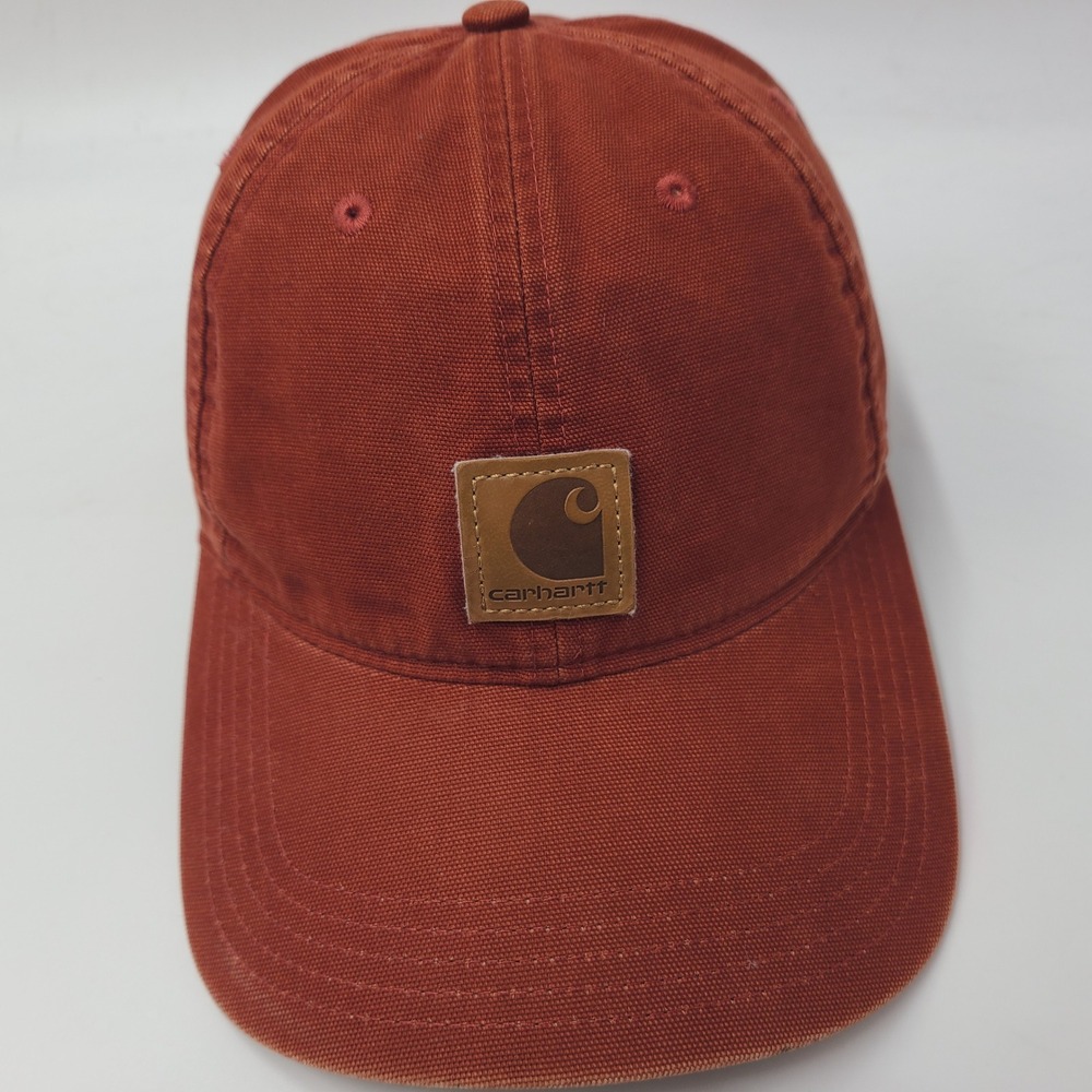 Carhartt Hat Adjustable Orange Brown Leather Logo Patch Workwear Distressed Men